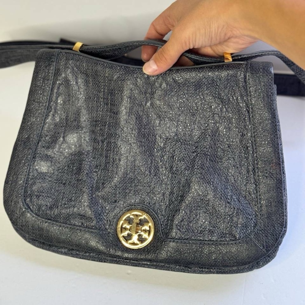 TORY BURCH Grey Leather Saddle Bag W/Trademark Gold Tone Lock - Picture 2 of 14